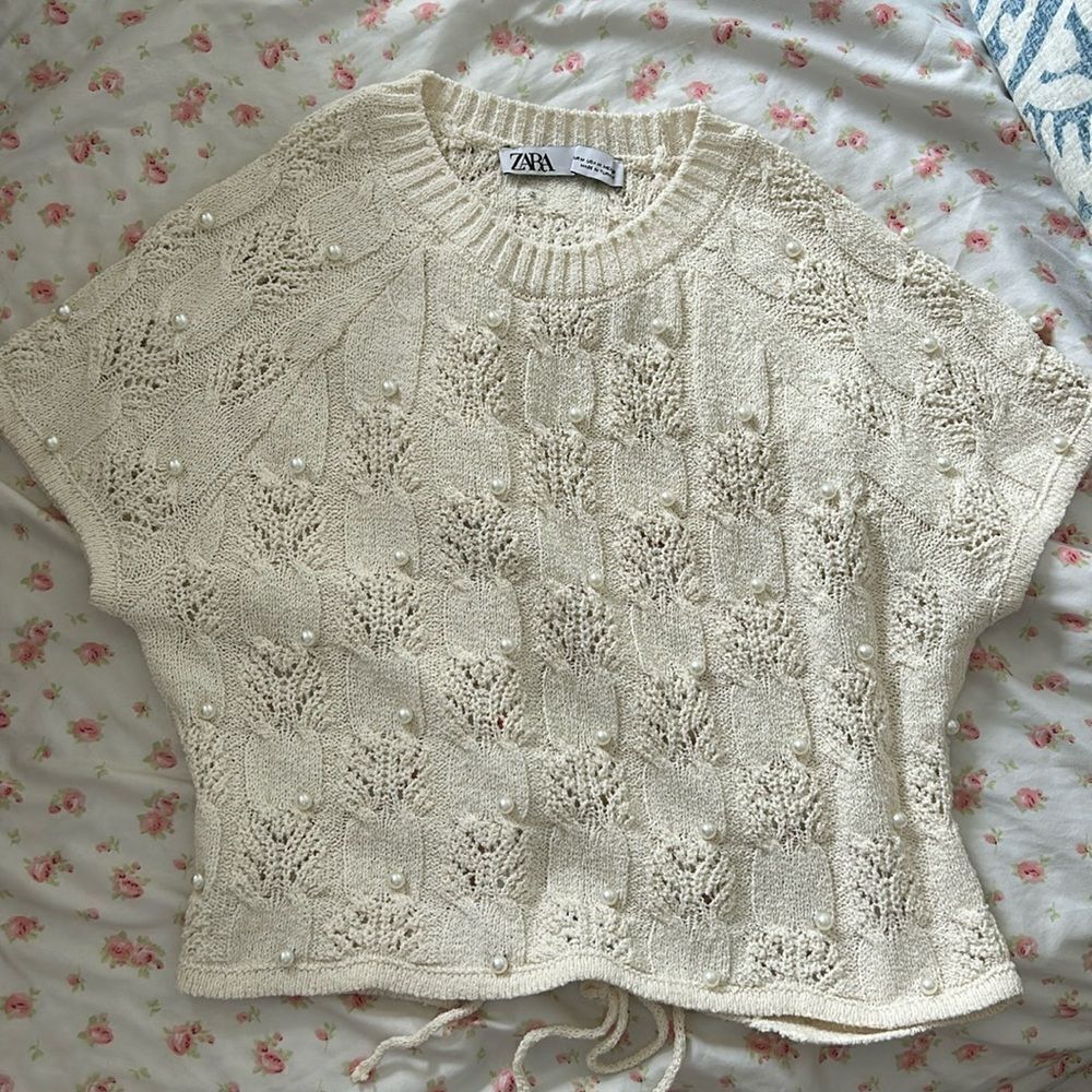 New ZARA KNIT TOP WITH FAUX PEARLS WHITE SIZE